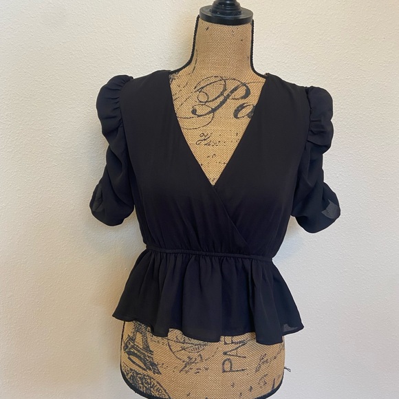 Shinestar Tops - Black peplum blouse with detail sleeves
